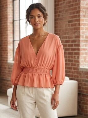 FAVLUX NWOT Ruched Button Front Peplum Blouse